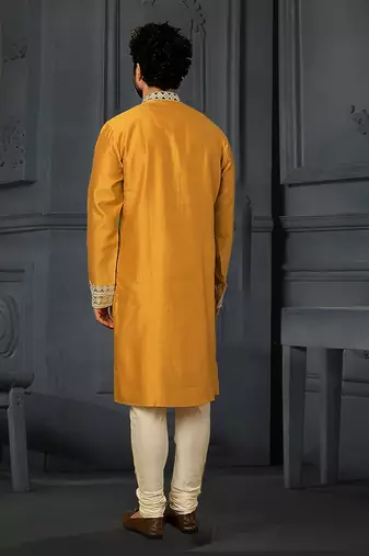 Yellow Pure Chanderi Emb. Kurta With Off White Chudidar