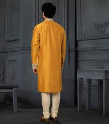 Yellow Pure Chanderi Emb. Kurta With Off White Chudidar