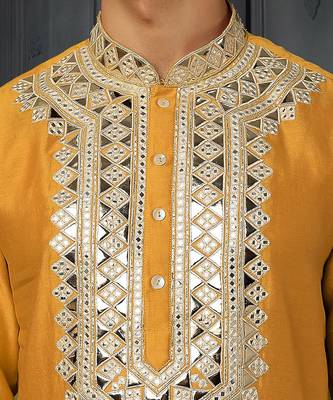 Yellow Pure Chanderi Emb. Kurta With Off White Chudidar 3