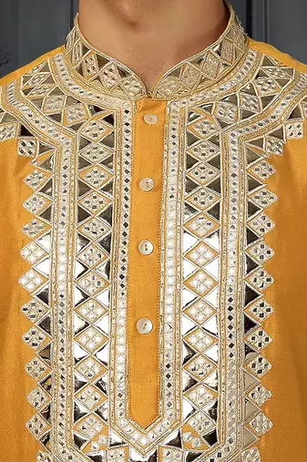 Yellow Pure Chanderi Emb. Kurta With Off White Chudidar