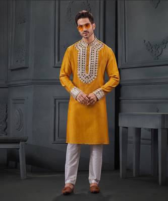 Yellow Pure Chanderi Emb. Kurta With Off White Chudidar 1
