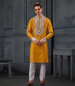 Yellow Pure Chanderi Emb. Kurta With Off White Chudidar