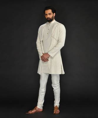 Double Layer Flax Kurta With Saddle Stitch On Chest Paired With Flax Churidar 3
