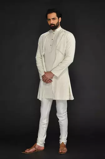 Double Layer Flax Kurta With Saddle Stitch On Chest Paired With Flax Churidar