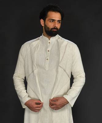 Double Layer Flax Kurta With Saddle Stitch On Chest Paired With Flax Churidar 4