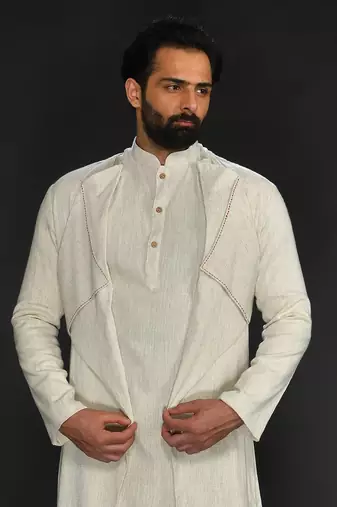 Double Layer Flax Kurta With Saddle Stitch On Chest Paired With Flax Churidar
