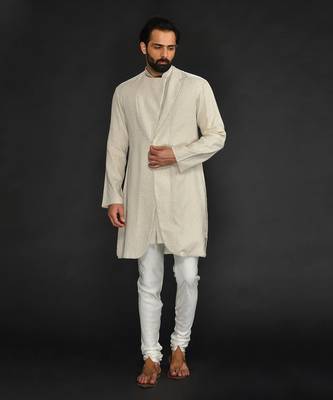 Double Layer Flax Kurta With Saddle Stitch On Chest Paired With Flax Churidar 1
