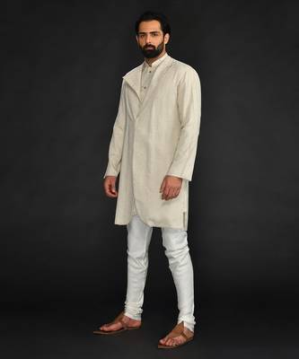 Double Layer Flax Kurta With Saddle Stitch On Chest Paired With Flax Churidar 3