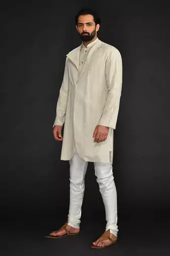 Double Layer Flax Kurta With Saddle Stitch On Chest Paired With Flax Churidar