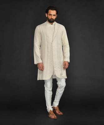 Double Layer Flax Kurta With Saddle Stitch On Chest Paired With Flax Churidar 4