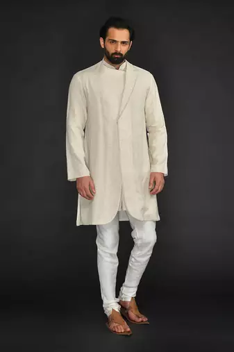 Double Layer Flax Kurta With Saddle Stitch On Chest Paired With Flax Churidar