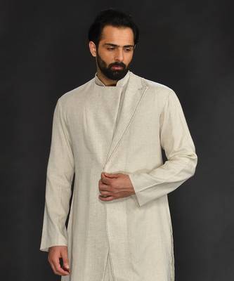 Double Layer Flax Kurta With Saddle Stitch On Chest Paired With Flax Churidar 5