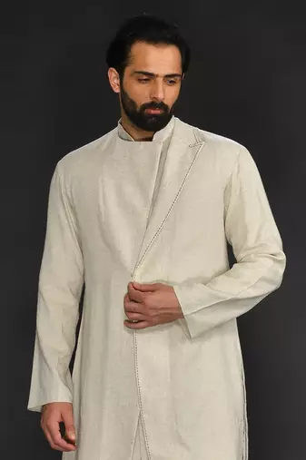 Double Layer Flax Kurta With Saddle Stitch On Chest Paired With Flax Churidar