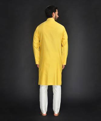 Yellow Pure Chanderi Emb. Kurta With Off White Chudidar 2