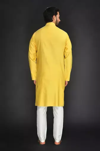 Yellow Pure Chanderi Emb. Kurta With Off White Chudidar