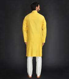 Yellow Pure Chanderi Emb. Kurta With Off White Chudidar