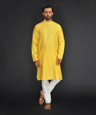 Yellow Pure Chanderi Emb. Kurta With Off White Chudidar 1