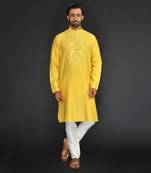 Yellow Pure Chanderi Emb. Kurta With Off White Chudidar