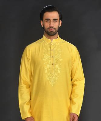 Yellow Pure Chanderi Emb. Kurta With Off White Chudidar 3