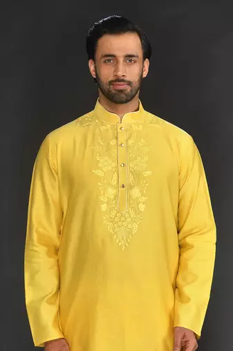 Yellow Pure Chanderi Emb. Kurta With Off White Chudidar