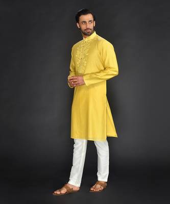 Yellow Pure Chanderi Emb. Kurta With Off White Chudidar 4
