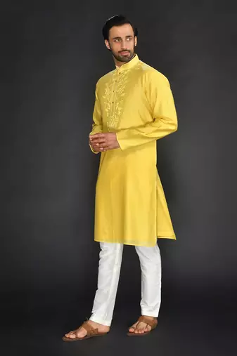 Yellow Pure Chanderi Emb. Kurta With Off White Chudidar