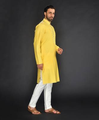 Yellow Pure Chanderi Emb. Kurta With Off White Chudidar 5