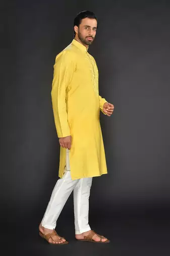 Yellow Pure Chanderi Emb. Kurta With Off White Chudidar