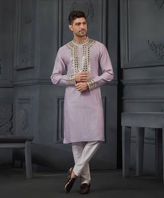 Lilac Pure Chanderi Emb. Kurta With Off White Chudidar 1