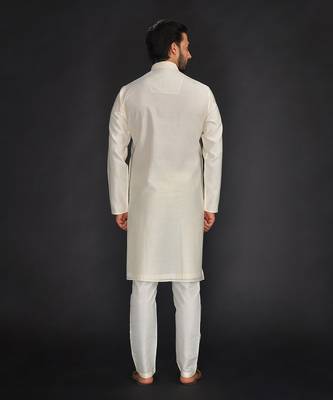 Beige Pure Chanderi Emb. Kurta With Off White Chudidar 2