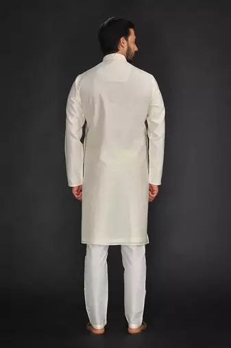 Beige Pure Chanderi Emb. Kurta With Off White Chudidar