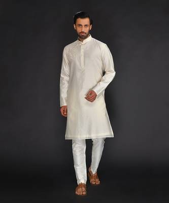 Beige Pure Chanderi Emb. Kurta With Off White Chudidar 1