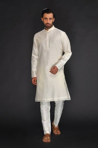 Beige Pure Chanderi Emb. Kurta With Off White Chudidar