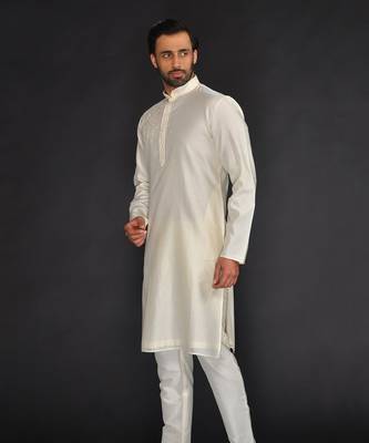Beige Pure Chanderi Emb. Kurta With Off White Chudidar 3