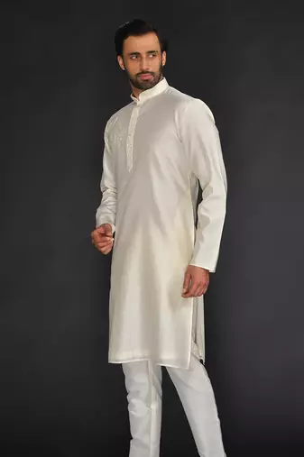 Beige Pure Chanderi Emb. Kurta With Off White Chudidar