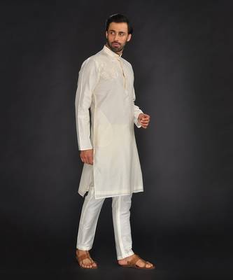 Beige Pure Chanderi Emb. Kurta With Off White Chudidar 4