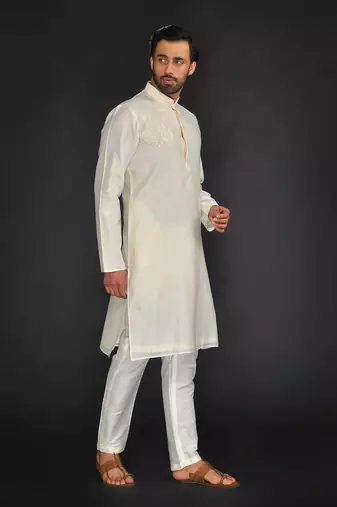 Beige Pure Chanderi Emb. Kurta With Off White Chudidar