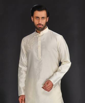 Beige Pure Chanderi Emb. Kurta With Off White Chudidar 5