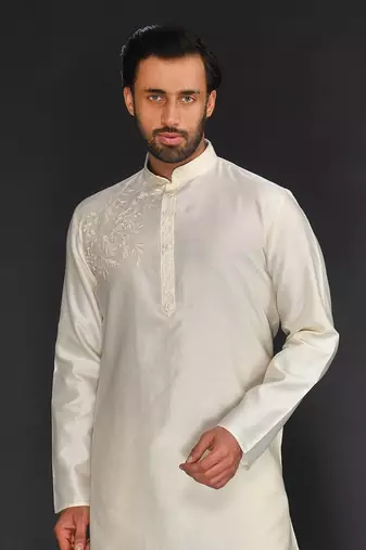 Beige Pure Chanderi Emb. Kurta With Off White Chudidar