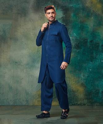 Teal Front Open Pathani With Patiyala 1