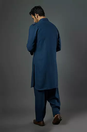 Teal Front Open Pathani With Patiyala