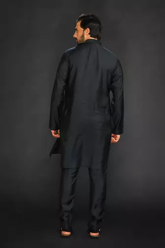 Silk Cotton Kurta With Slim Pant. Embroidery On Collar & Placket