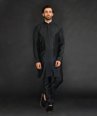 Silk Cotton Kurta With Slim Pant. Embroidery On Collar & Placket 1