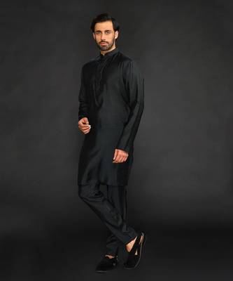 Silk Cotton Kurta With Slim Pant. Embroidery On Collar & Placket 3