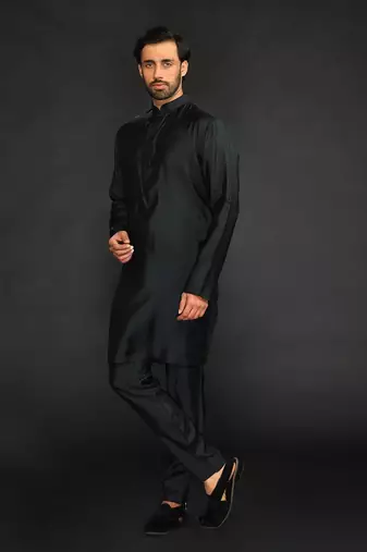 Silk Cotton Kurta With Slim Pant. Embroidery On Collar & Placket