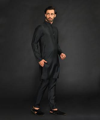 Silk Cotton Kurta With Slim Pant. Embroidery On Collar & Placket 4
