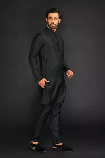 Silk Cotton Kurta With Slim Pant. Embroidery On Collar & Placket