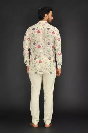 Linen Printed And Machine Embroidered Short Kurta With Slim Pant