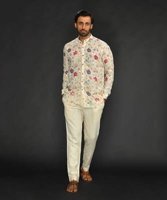 Linen Printed And Machine Embroidered Short Kurta With Slim Pant 1