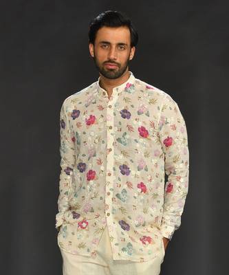 Linen Printed And Machine Embroidered Short Kurta With Slim Pant 3